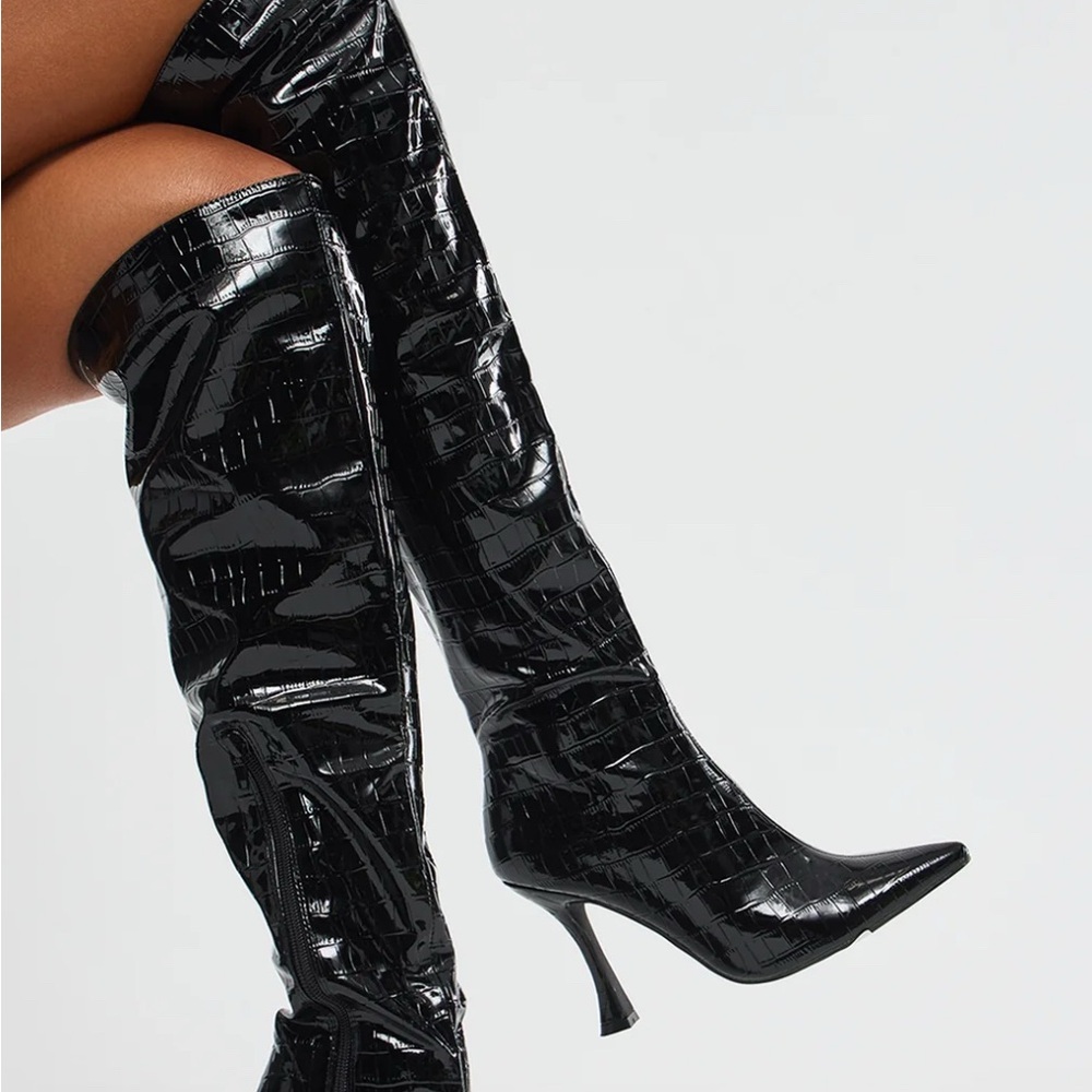 Fashion Nova Black Croc-Embossed Knee-High Stiletto Boots